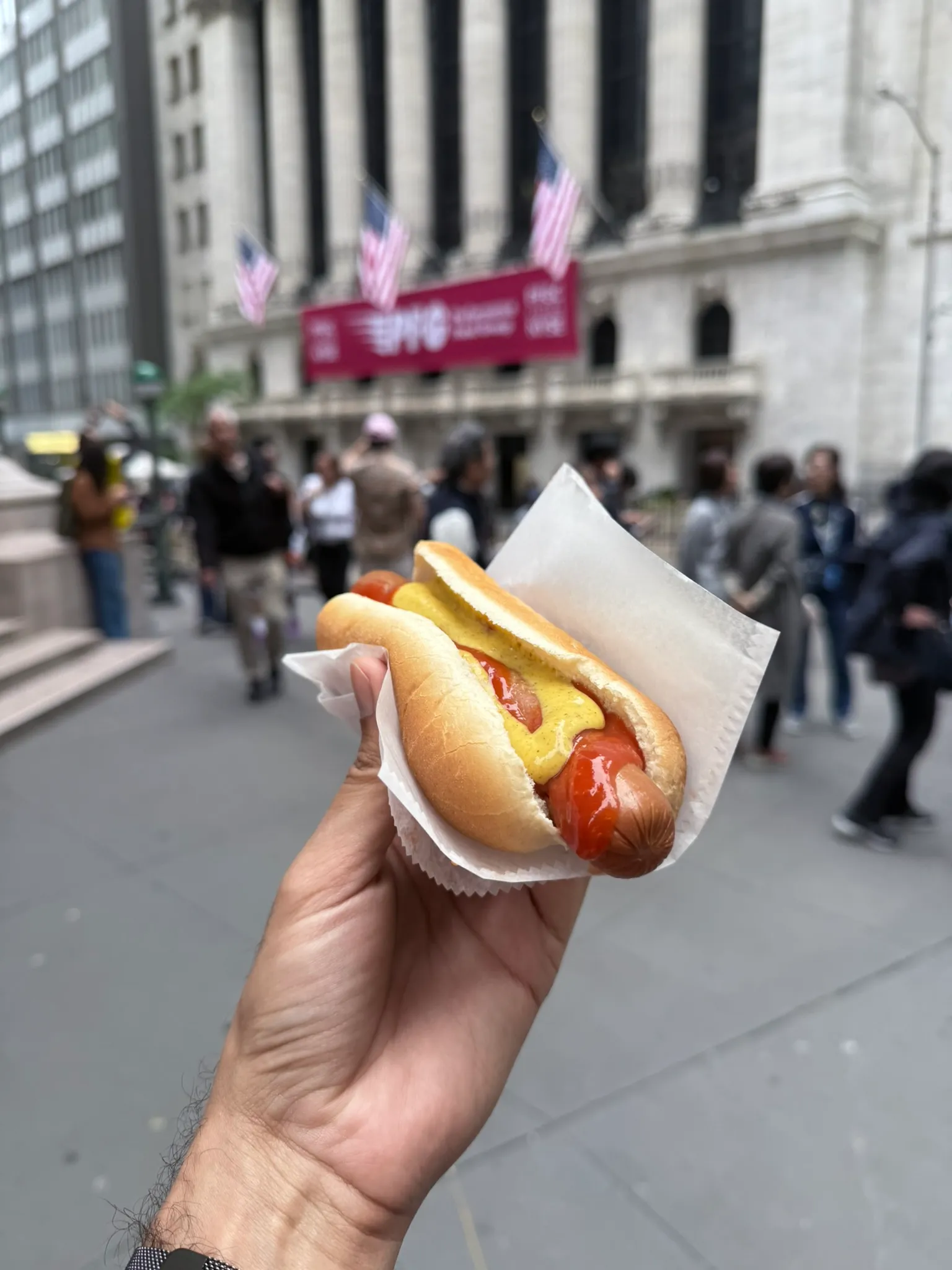 Hot dog with NYSE blurred